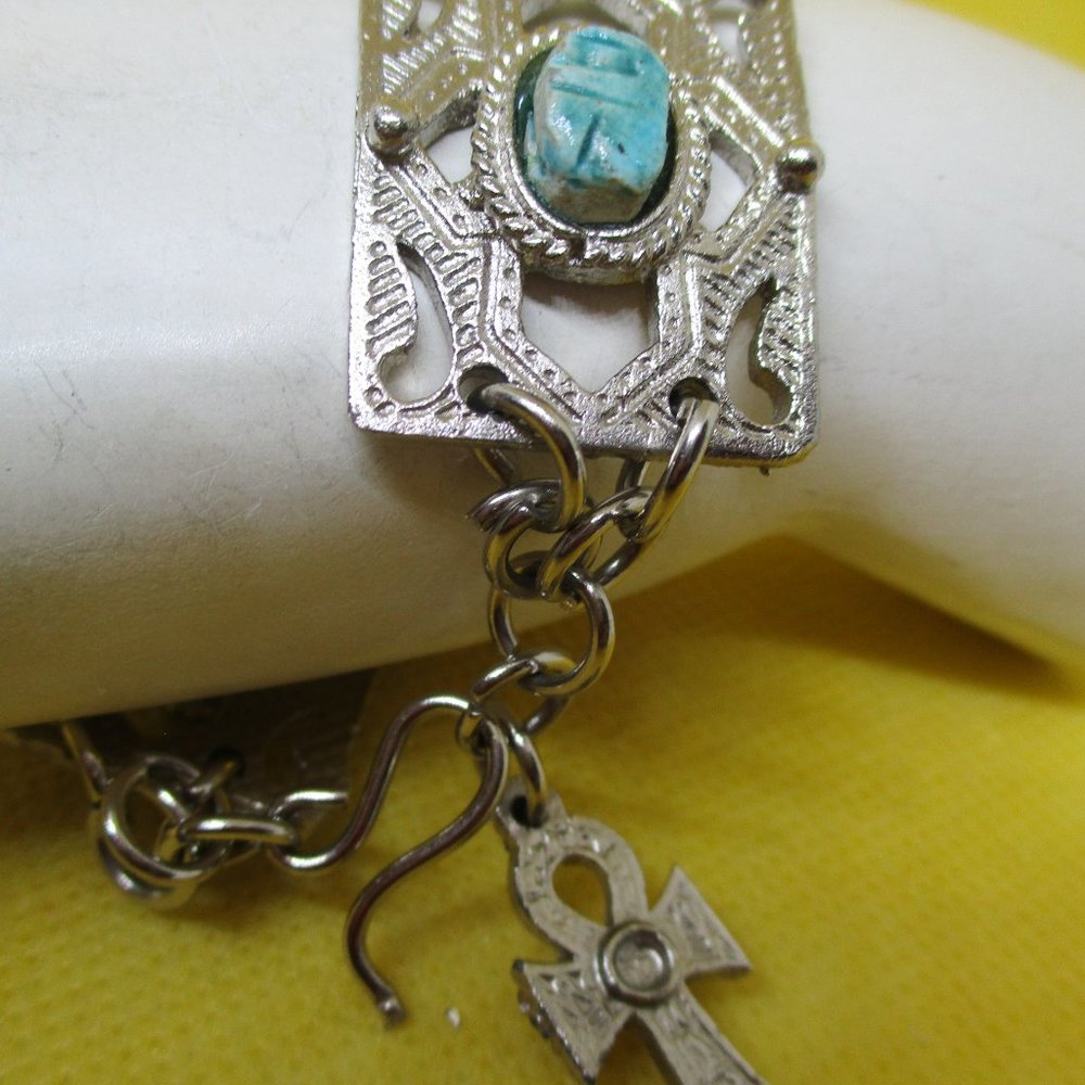 EGYPTIAN Revival SCARAB ANKH Turquoise STONE Silver Tone Metal Panel Bracelet